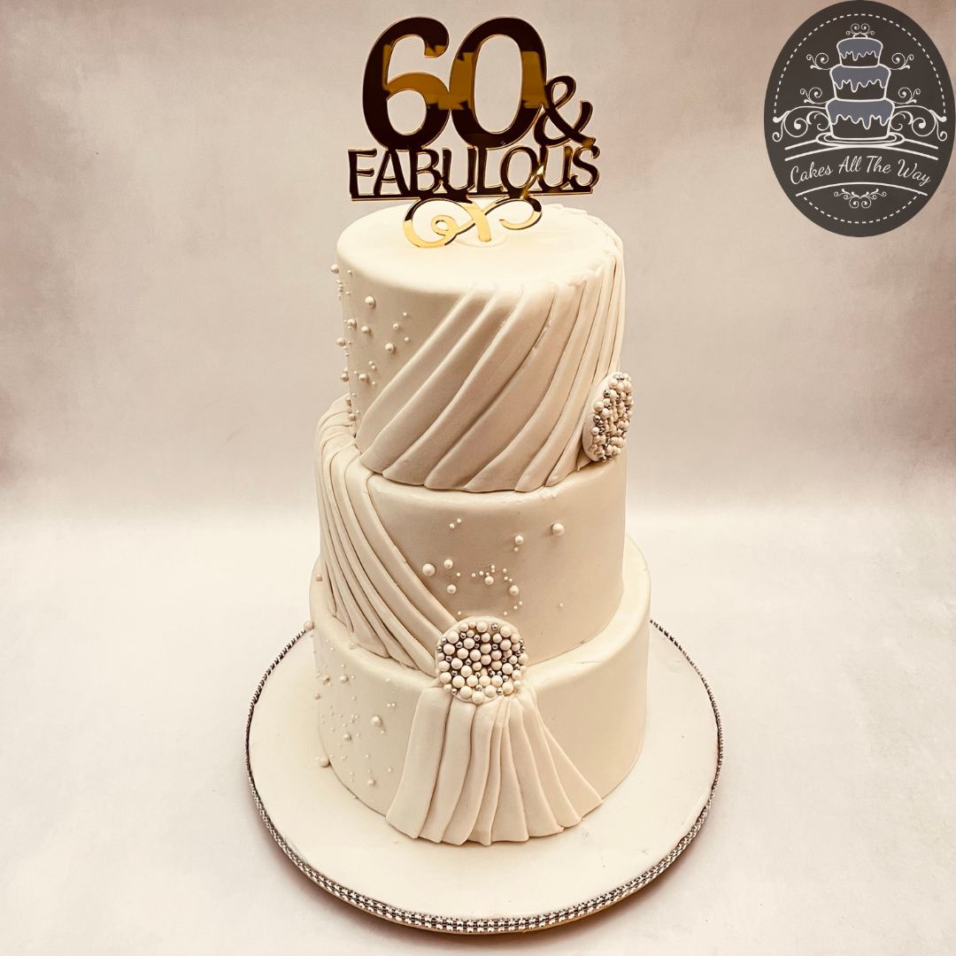3-Tier White Drapes 60th Birthday Theme Cake