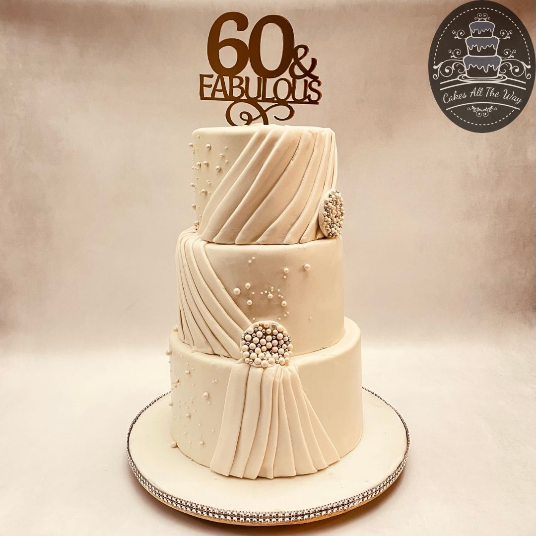 3-Tier White Drapes 60th Birthday Theme Cake