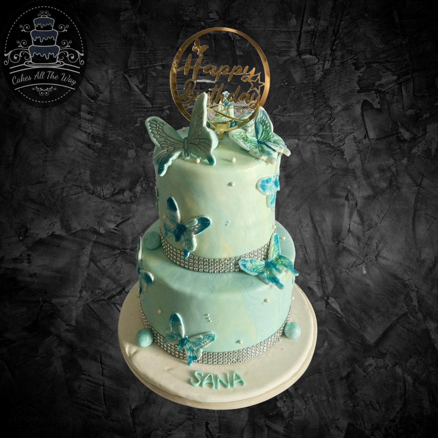 2-Tier Blue Butterflies Theme Cake