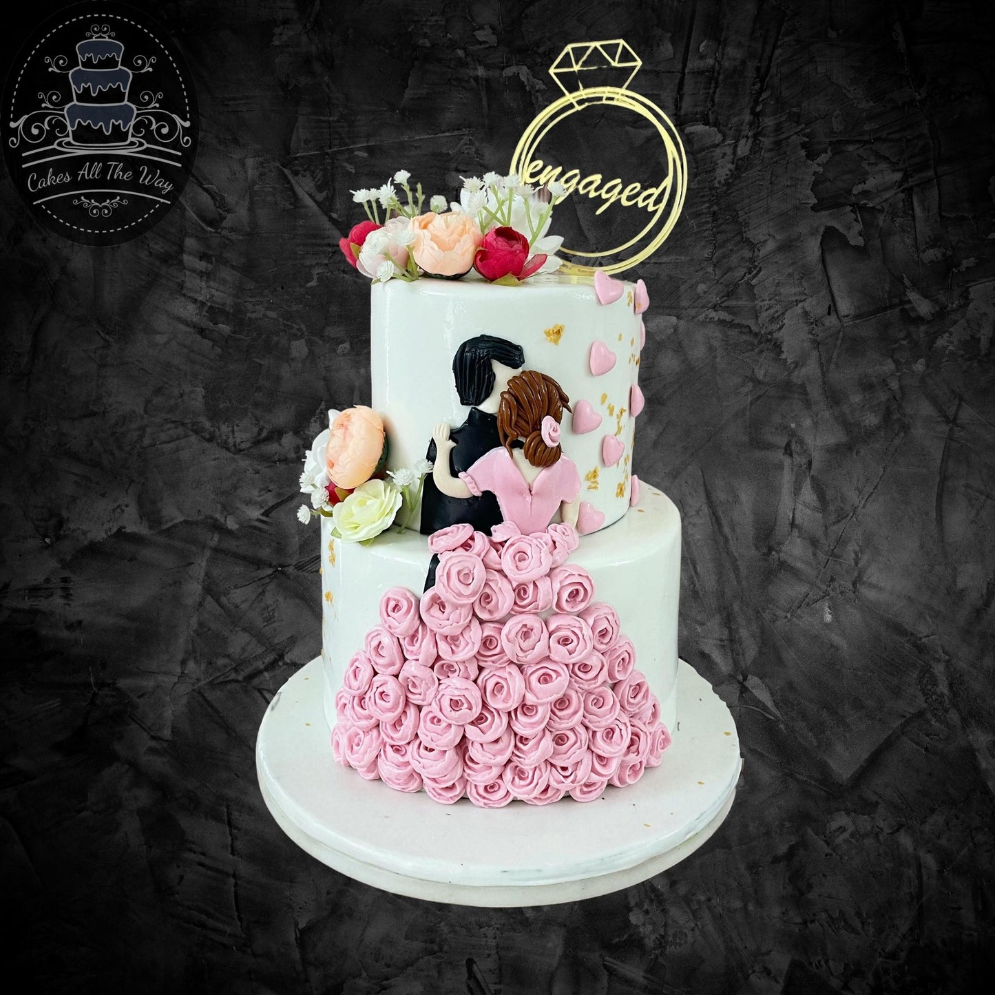 2-Tier Pink Rose Dress Engagement Cake