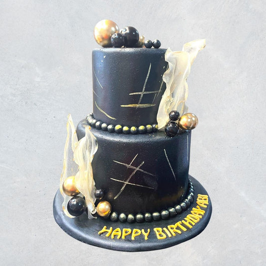2-Tier Black and Gold Theme Cake