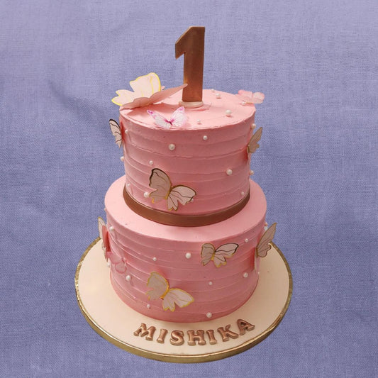 2-Tier Pink Butterfly Theme Cake