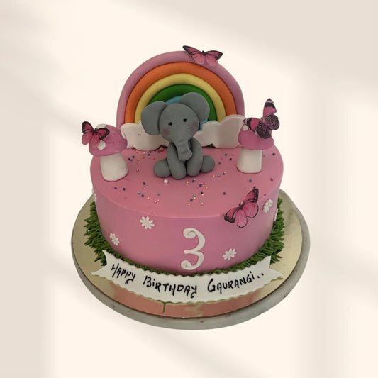 Pink Baby Elephant and Rainbow Theme Cake