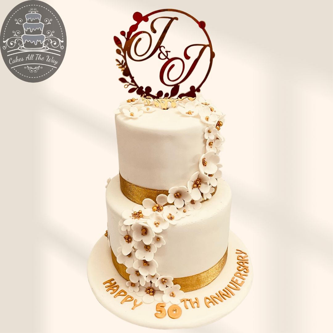 2-Tier White & Gold Wedding Cake