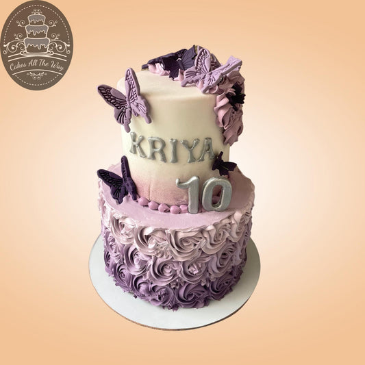 2-Tier Purple Butterfly Theme Cake