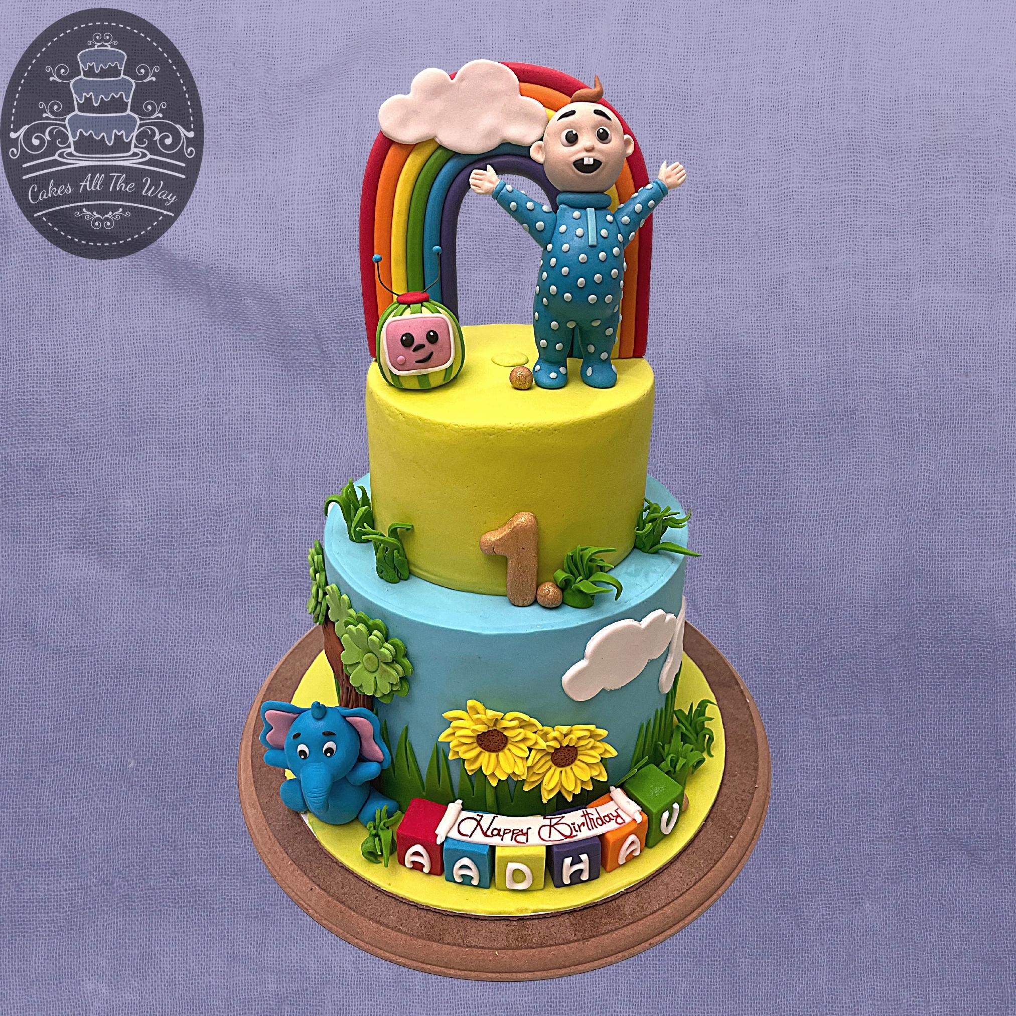 2.5kg Cocomelon theme cake in 2 tiers❤️ . . . . . #cocomeloncake #cocomelon  #bluecakes #greencakes #rainbowcake #cakeforkids #c... | Instagram