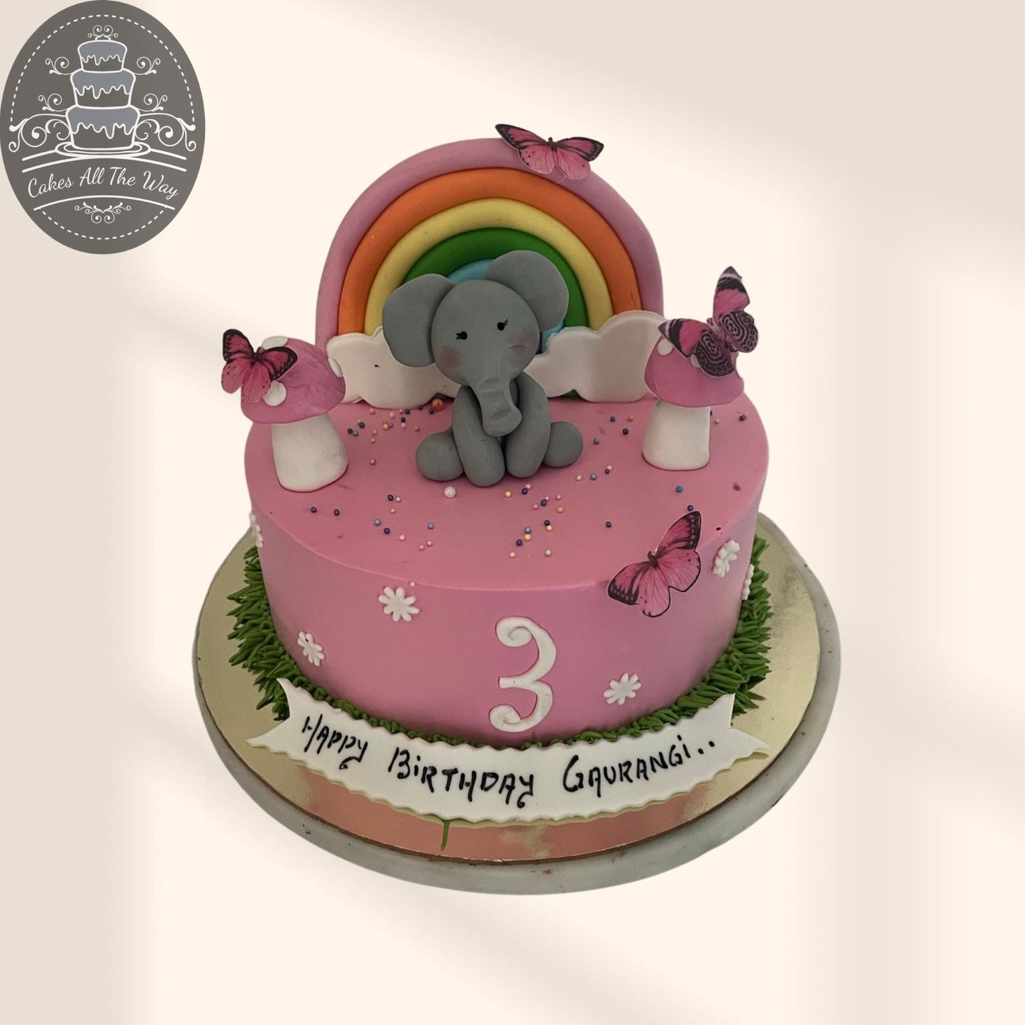 Pink Baby Elephant and Rainbow Theme Cake