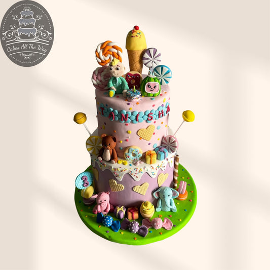 2-Tier Cocomelon and Candy Land Theme Cake