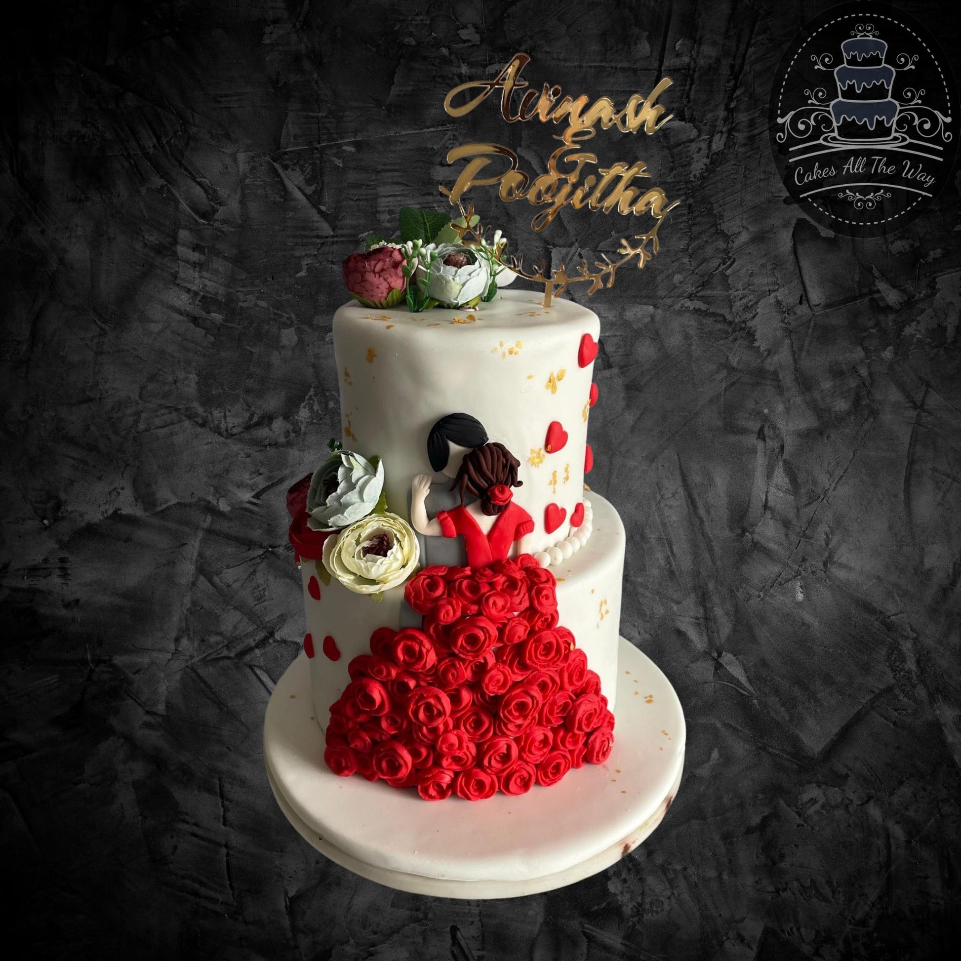 2-Tier Red Rose Dress Engagement Cake