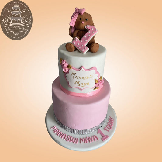 2-Tier Pink and White Teddy Bear Theme Cake